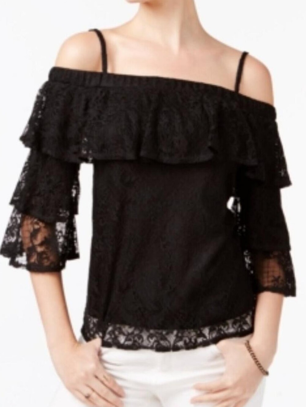 BCX size Small Off The Shoulder Tiered Sleeve Ruffle Lace Blouse Black